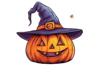 A Smiling Jack-o-lantern Wearing A Witch's Hat With A Buckle The Background Is White With A Few Falling Leaves And Bubbles