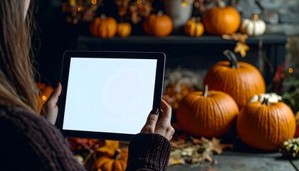 Faceless Person Observing Halloween Decorations on an iPad