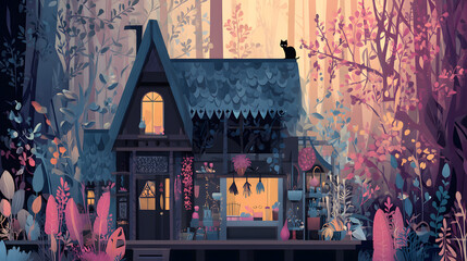 flat illustration of a witches cozy cottage deep