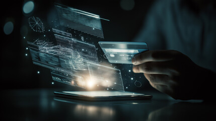 A person using a smartphone and a credit card with digital financial data visualization, representing online shopping, digital payments, and the growth of financial technology.