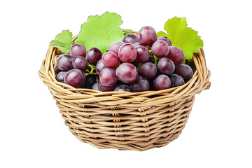 A Basket Of Red Grapes With Green Leaves Isolated On A Transparent Background