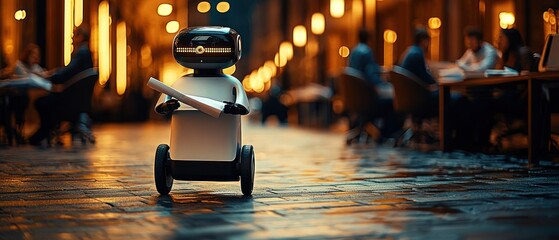 A small delivery robot stands on a cobblestone street at night, holding a package, with a blurred background of people sitting at tables in a cafe