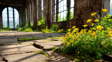 Wildflowers blooming within a sunlit, derelict structure, showcasing contrasted themes of decay and natural renewal. Captures an evocative ambiance of serenity amid regrowth.