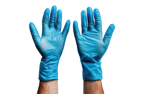 A Pair Of Blue Nitrile Gloves Worn On A Person's Hands Are Laid Flat On A White Surface The Gloves Are A Safety Precaution For Protecting The Hands From Contaminants
