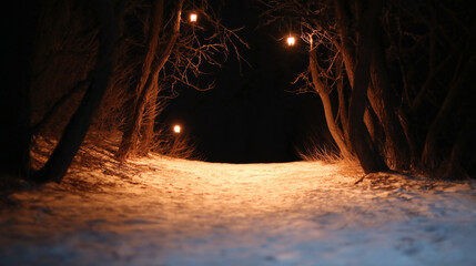 A snow-covered pathway illuminated by warm lights hangs among trees during a tranquil and dark winter night, creating a peaceful and magical natural scene.