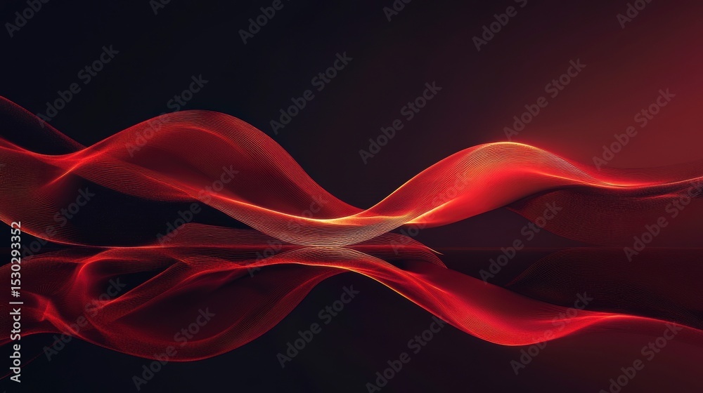 Poster abstract red wave flowing on dark background with reflection.