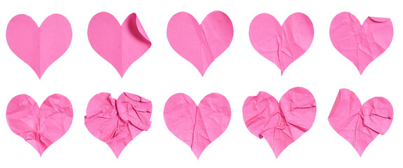 Set collection of blank love heart shaped crumpled pink paper sticker label isolated on transparent...