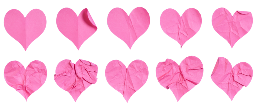 Set collection of blank love heart shaped crumpled pink paper sticker label isolated on transparent background
