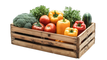 A Wooden Crate Filled With Fresh Vegetables Including Broccoli Tomatoes Yellow And Red Bell Peppers Cucumbers And Green Leafy Herbs Arranged Neatly
