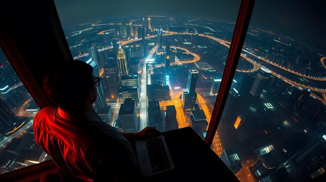 Night cityscape view from skyscraper window with person looking at city lights dubai