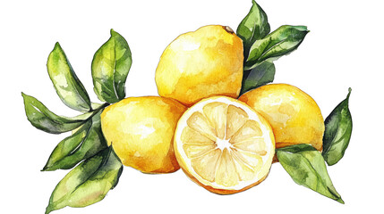 Watercolor Painting Of Four Lemons With One Cut In Half Showing The Inside And Green Leaves
