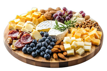 A Wooden Platter Filled With Various Cheeses Salami Grapes Blueberries Almonds And Walnuts