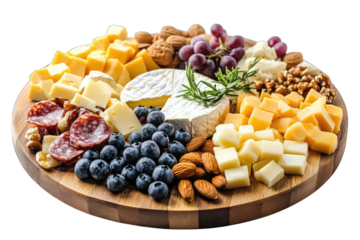 A Wooden Platter Filled With Various Cheeses Salami Grapes Blueberries Almonds And Walnuts
