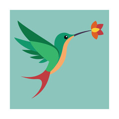 Flat design illustration of a hummingbird carrying a vibrant orange and red flower on a pastel blue background