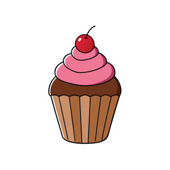 Flat design brown cupcake with pink frosting and cherry
