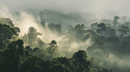 A dense jungle with mist and vibrant green trees, symbolizing nature, tranquility, and the untouched environment.