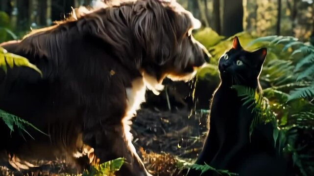 A close-up of a creature digging through lush green foliage in a dense forest, with sunlight filtering through the leaves in the background - dogs fighting with cats