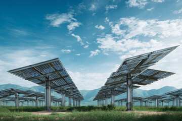 Obraz premium Renewable Energy: A visual symphony of solar panels against a vibrant blue sky and mountainous landscape, emphasizing the commitment to sustainable and environmentally conscious energy solutions.