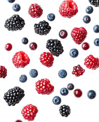 A Scattering Of Fresh Raspberries Blackberries Blueberries And Cranberries Fall Against A Transparent Background