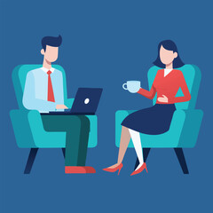 Businessman and businesswoman sitting in easy chairs