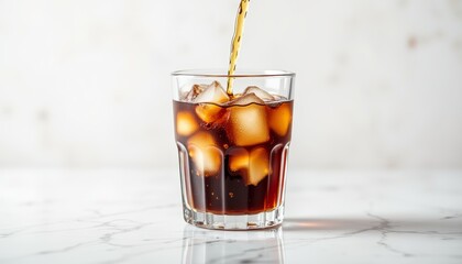 Cold brew coffee pouring over ice in a clear glass on white background  