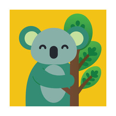 Obraz premium Adorable cartoon koala bear hugging a tree on a yellow background illustration