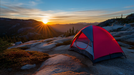 A red camping tent set up on rocky terrain during sunset, with vibrant sun rays shining over the landscape.