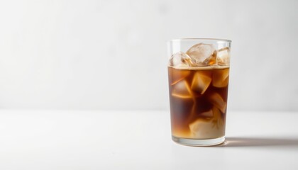 Dripping cold brew coffee in a glass filled with ice on white background  