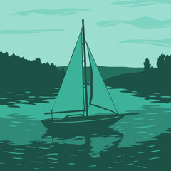 Naklejka premium A sailboat is sailing on the water near the land area