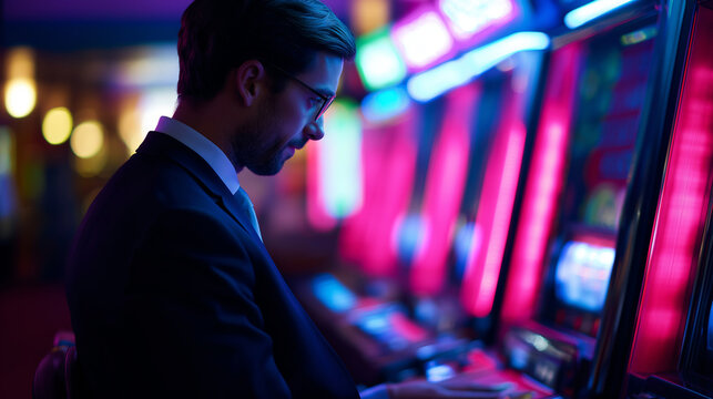 Businessman in a dark casino playing slot machines surrounded by neon lights.
