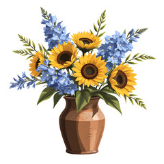 Obraz premium A vibrant arrangement of sunflowers and blue delphiniums in a rustic terracotta vase, on a white background. Warm, country style, cheerful, natural, and colorful with no shadows.