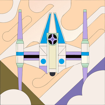 Stylized x wing fighter in flight over abstract clouds