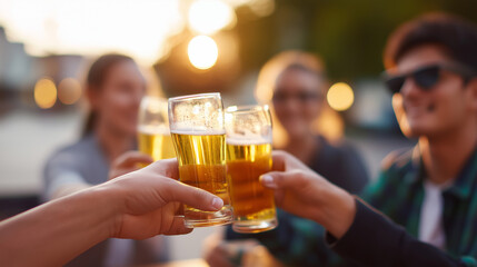 Group of friends toasting with glasses of beer outdoors during sunset.
