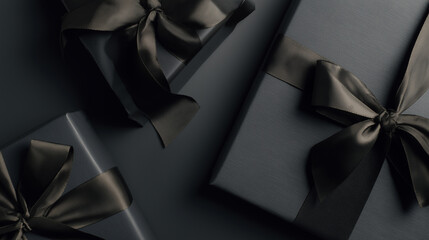 Elegant black gift boxes with matching black ribbons arranged in a stylish pattern.
