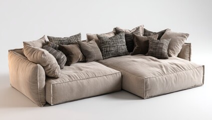 Sectional sofa with beige upholstery and patterned cushions