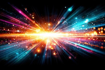 Naklejka premium Vivid, colorful light streaks emanate from a bright, central white point