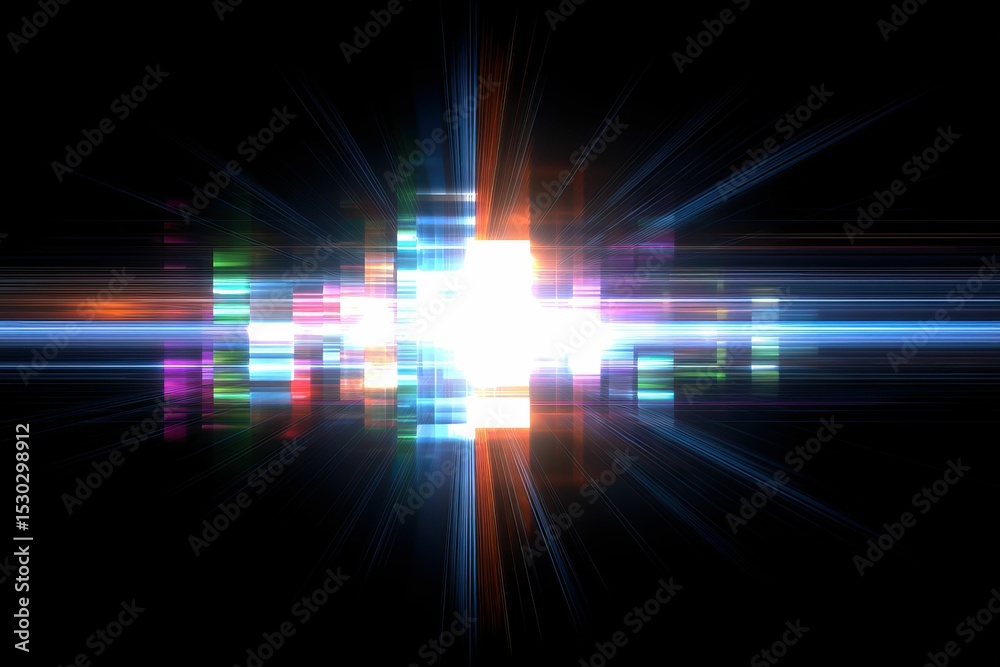 Sticker vibrant light display with colorful pixels and radiating light rays on black