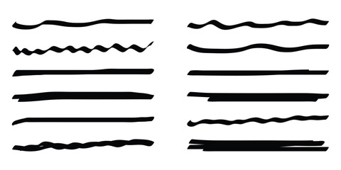 Set of abstract hand drawn lines, underline, highlight lines, underline strokes. Marker pen highlight underline strokes. Highlighter pen scribbles and strokes.