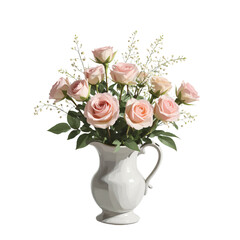 Obraz premium A bouquet of pastel roses and baby's breath in a classic white ceramic vase, isolated on a white background. Elegant, timeless, and delicate floral arrangement with soft colors. No shadows.