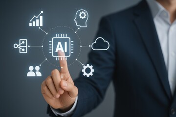 Businessman interacting with digital AI icons, showcasing technology, innovation, analysis, cloud computing, and data visualization in modern workplace setting