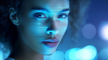 Close-up of a woman's face illuminated by blue digital interface graphics.
