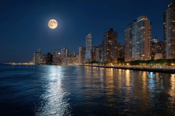 City skyline at night with full moon over water reflecting city lights below it all