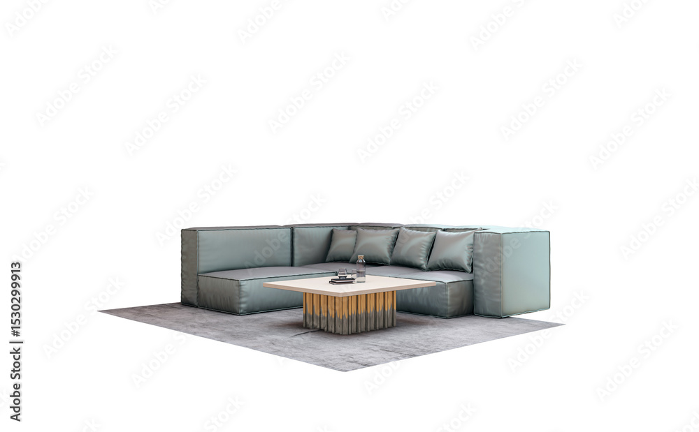 Poster modern sectional sofa with cushions and square coffee table on rug, isolated on white background for