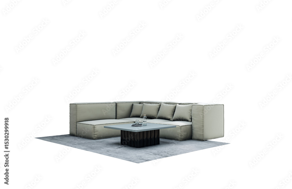 Poster modern sectional sofa with cushions and coffee table on rug, isolated on white background for clean 