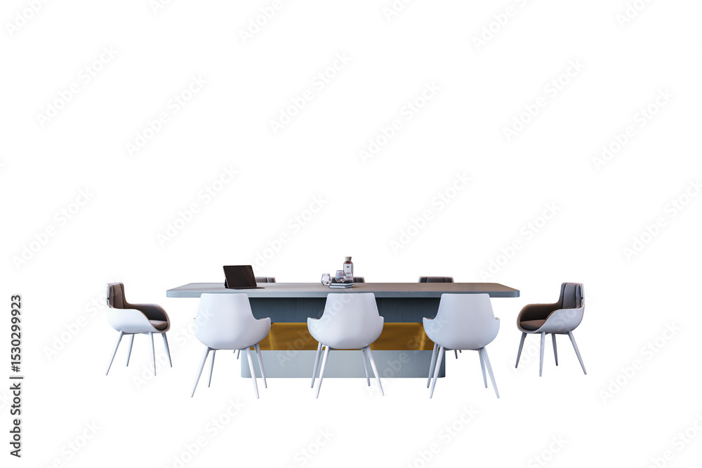 Poster modern corporate meeting room table with six chairs and office equipment isolated on transparent bac