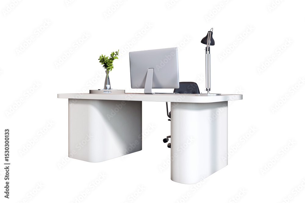 Poster modern white office desk with computer, lamp, and plant on clean isolated background for business or