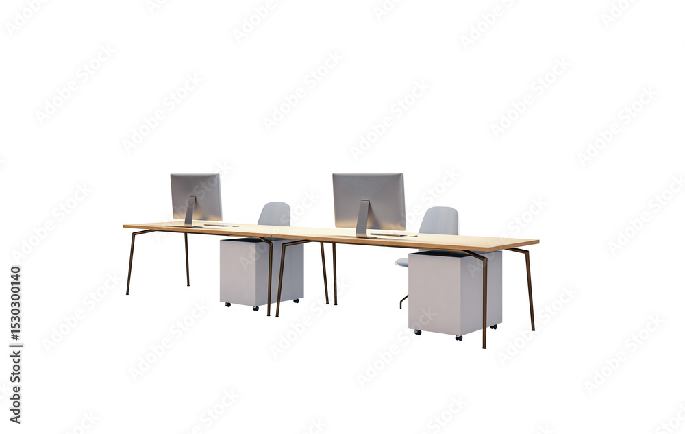 Poster Modern office desk setup with computers and chairs on white transparent background, ideal for business design and workspace layout templates. 3D Rendering