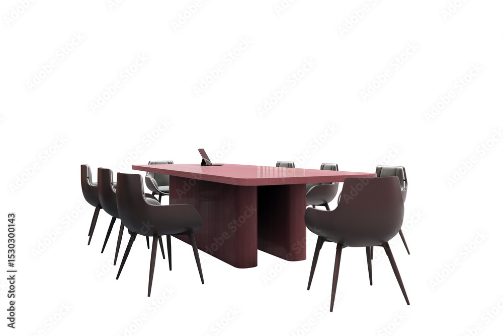 Poster modern maroon office meeting table with eight black chairs and laptop on white background, isolated 