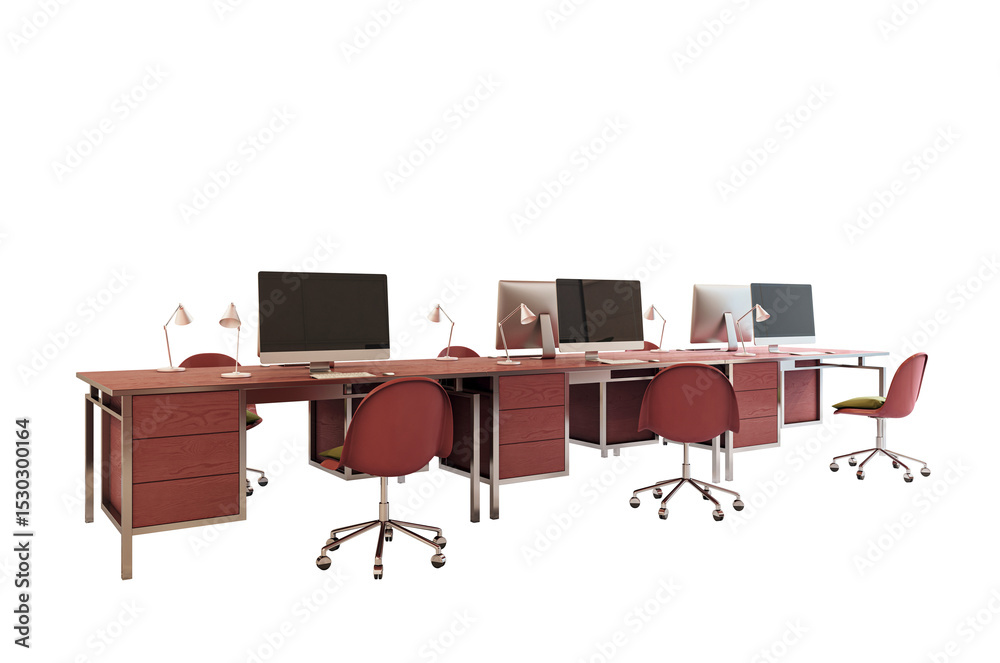 Aufkleber Modern corporate workstation setup with red desks, swivel chairs, desktop computers and lamps isolated on white background. 3D Rendering