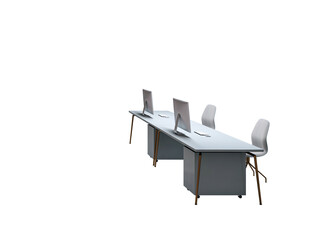 Modern office desk setup with computers and chairs on white background for business or workspace design template element. 3D Rendering